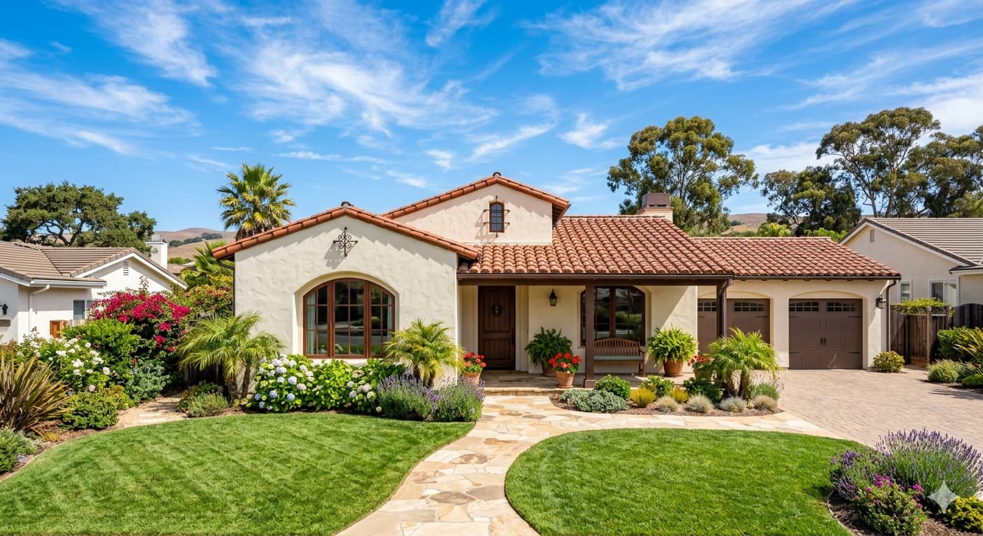 Spanish-style California home with tile roof and landscaped front yard