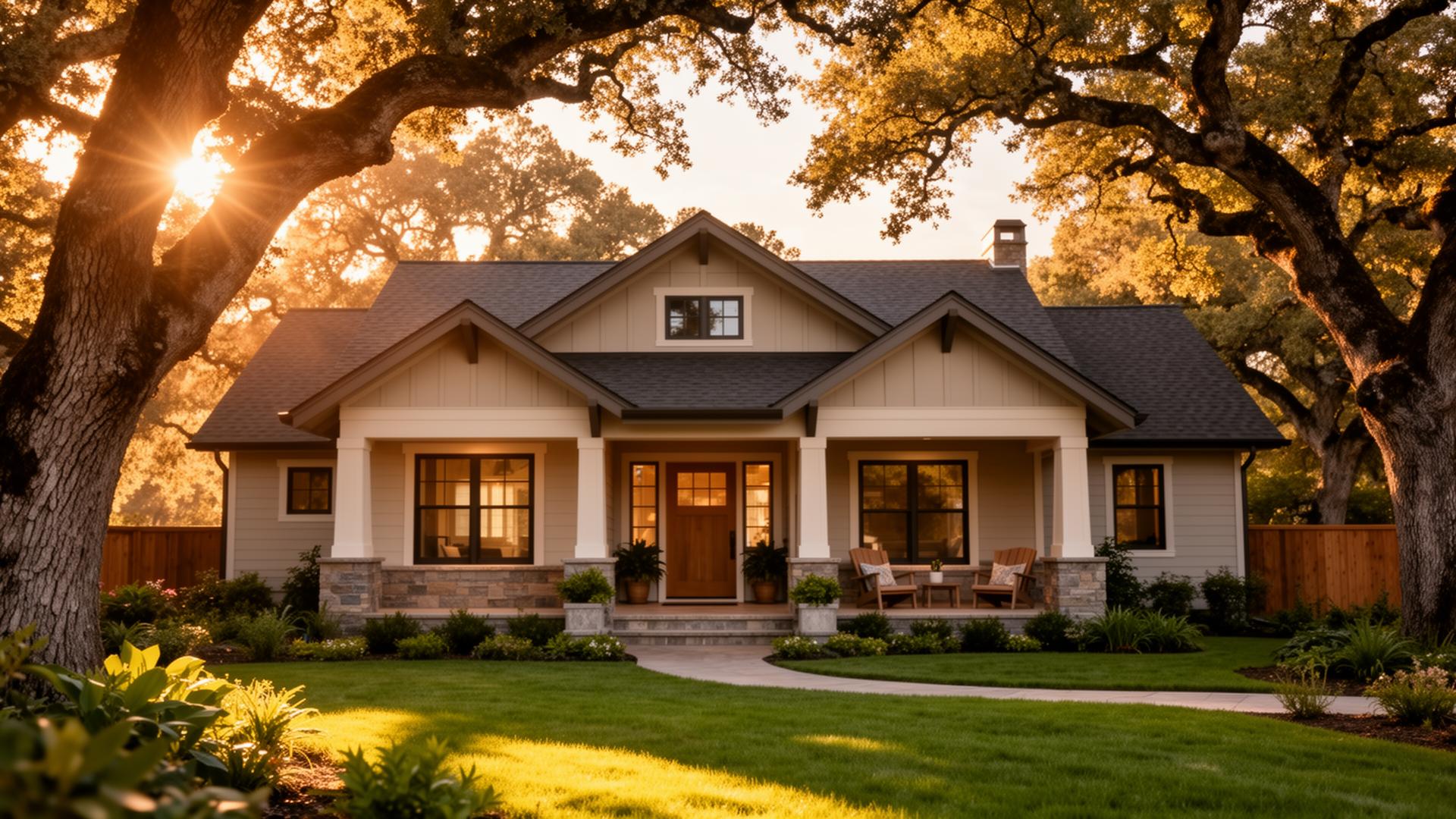 Craftsman home framed by oak trees at sunset